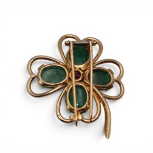 Broche trèfle émeraude et rubellite