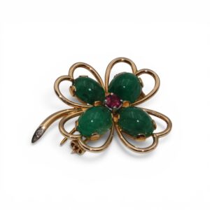 Broche trèfle émeraude et rubellite