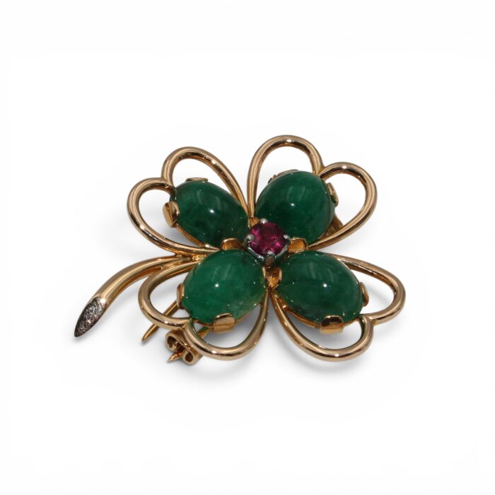 Broche trèfle émeraude et rubellite