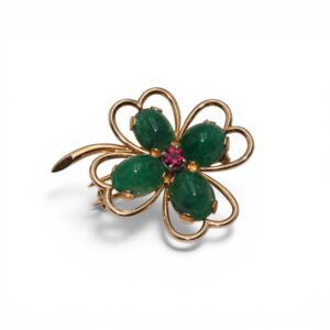 Broche trèfle émeraude et rubellite