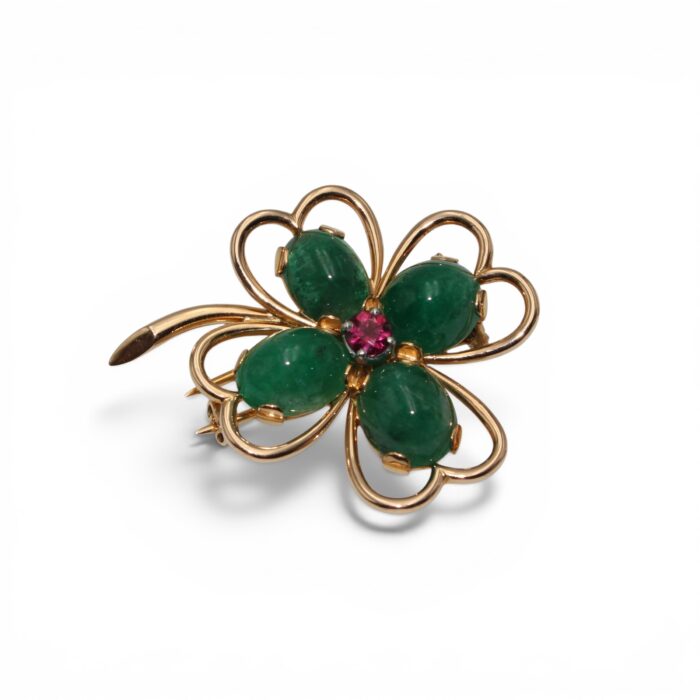 Broche trèfle émeraude et rubellite