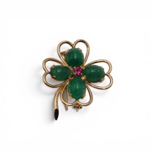 Broche trèfle émeraude et rubellite