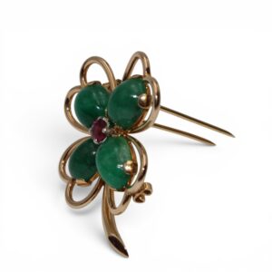 Broche trèfle émeraude et rubellite