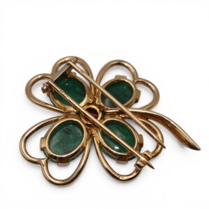 Broche trèfle émeraude et rubellite