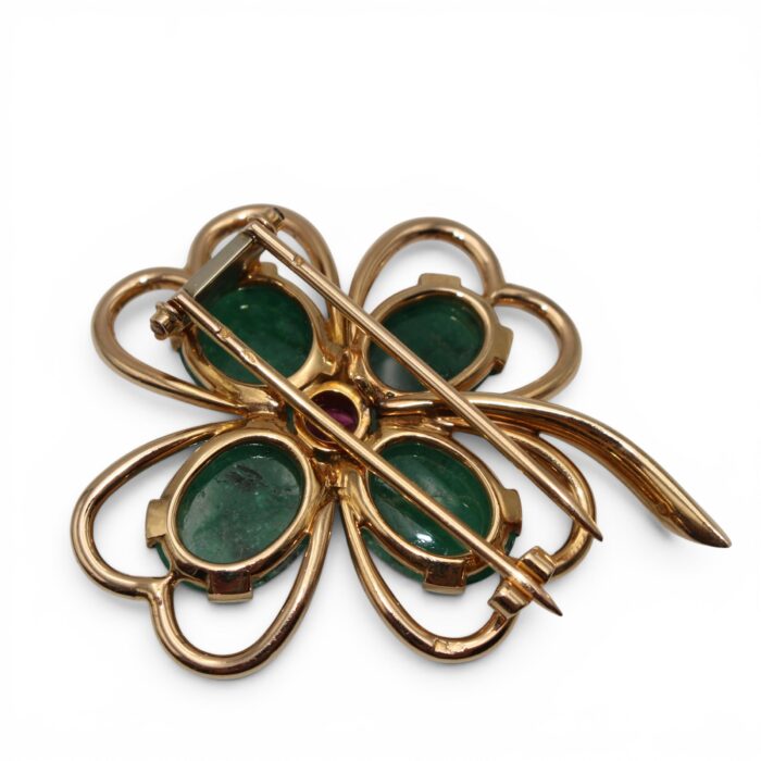 Broche trèfle émeraude et rubellite