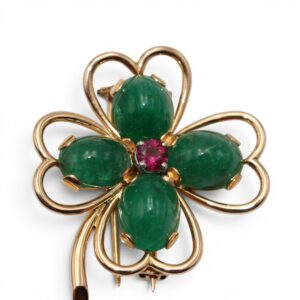 Broche trèfle émeraude et rubellite